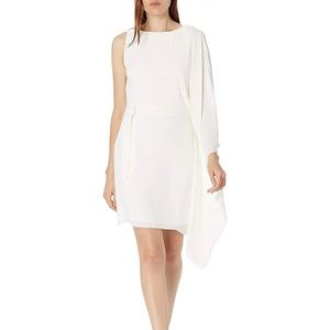 Halston evening collection white crew neck dress with flowy sleeve